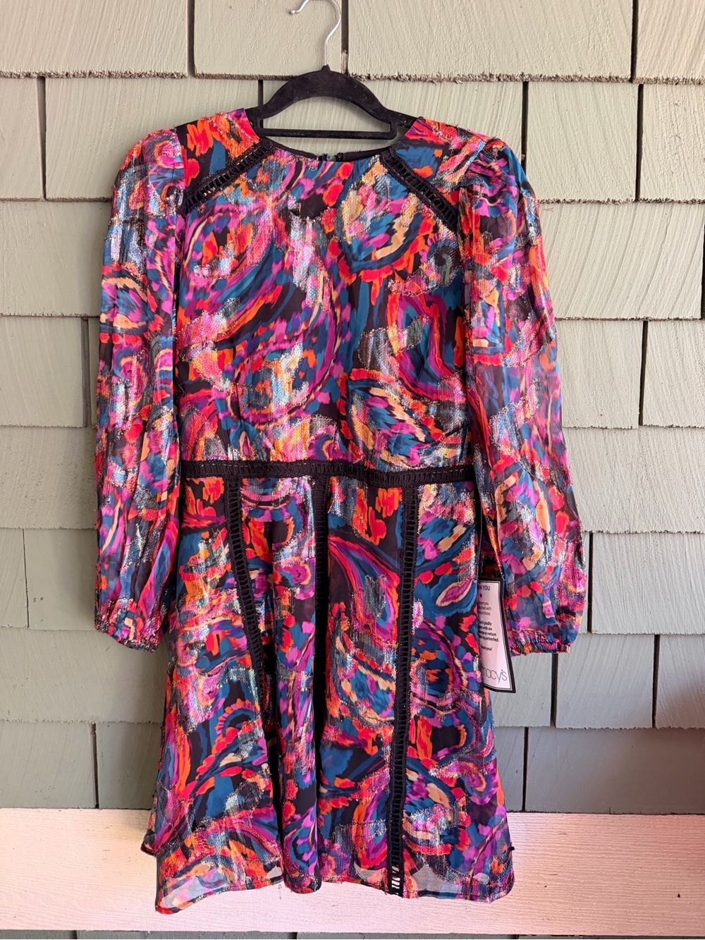 NWT Vince Camuto Abstract Paisley Mini Dress Lace Metallic Trim Long Sleeve
